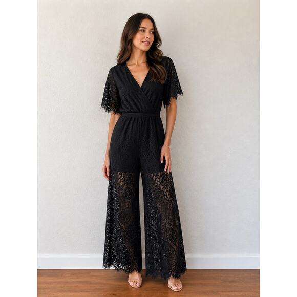 Trixxi Pants - Trixxi Black Lace Wide Leg Jumpsuit EUC Romantic Feminine Size Large Chic
